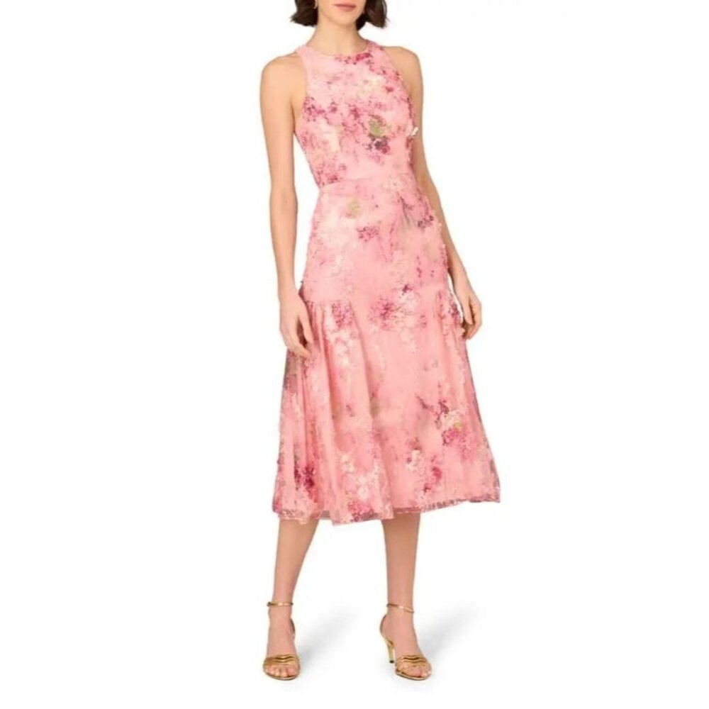 Aidan Mattox By Adrianna Papell 3D Embroidered Pink Multi Midi Dress Size 10